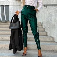 Thumbnail for Chic Fashion Button PU Leather Pants Women Spring Bottoming Zip-up