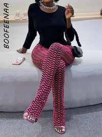 Thumbnail for BOOFEENAA Black and White Wave Striped Knitted Pant for Woman Y2k