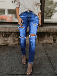 Thumbnail for Blue Ripped Skinny Jeans, Distressed Slim Fit Slash Pockets Raw Hem