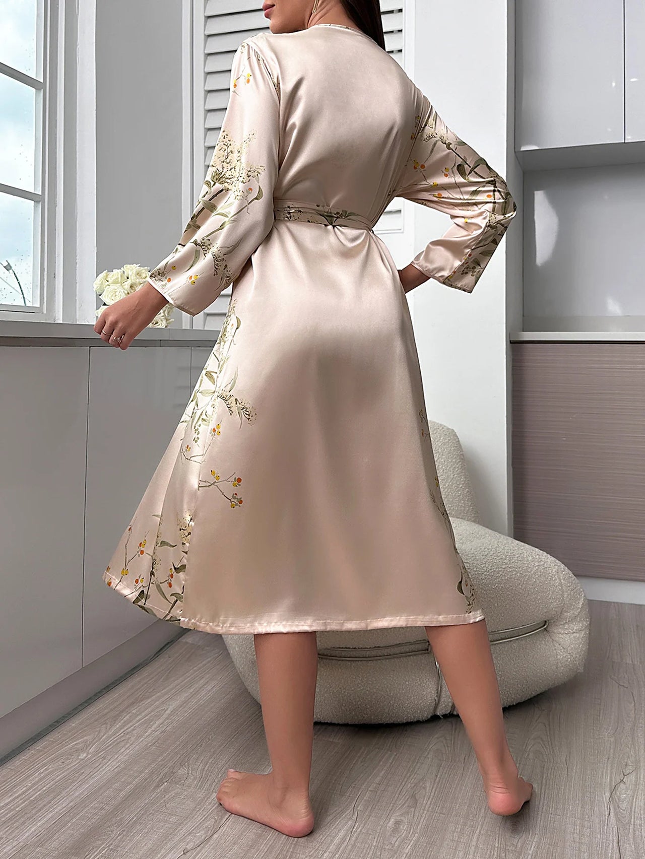 Floral Print Night Robe  Elegant Long Sleeve V Neck Robe With Belt