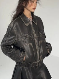 Thumbnail for Bow Y2k Motorcycle PU Leather Jacket For Women Fashion Zipper