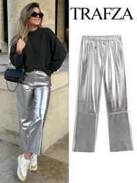 Thumbnail for TRAFZA Trousers For Women Autumn Fashion Elegant Silver Elastic Waist