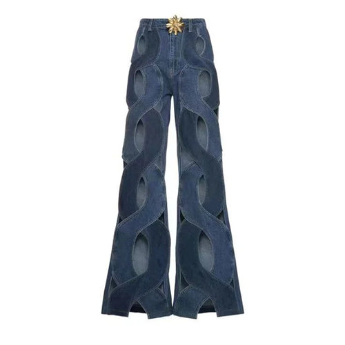 Fashion Hollow Out Cross Design Straight Flare Denim Pants Summer 2023