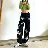 Thumbnail for White Butterfly Print Pants Fashion Harajuku Baggy Cargo Denim Jeans