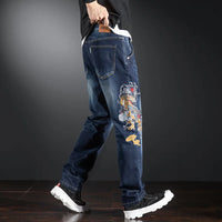 Thumbnail for Elastic Embroidered Jeans Men's Frayed Baggy Straight Denim Pants Plus