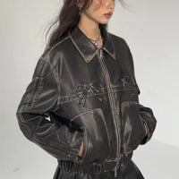 Thumbnail for Bow Y2k Motorcycle PU Leather Jacket For Women Fashion Zipper