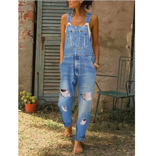 Fashion Women Denim Rompers for Streetwear Design Pockets Decor Ripped