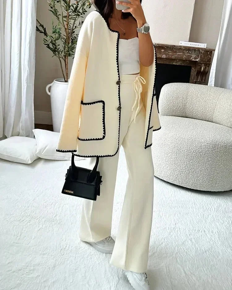 Women Elegant 2 Piece Set Contrast Color Patchwork Long Sleeve Jacket