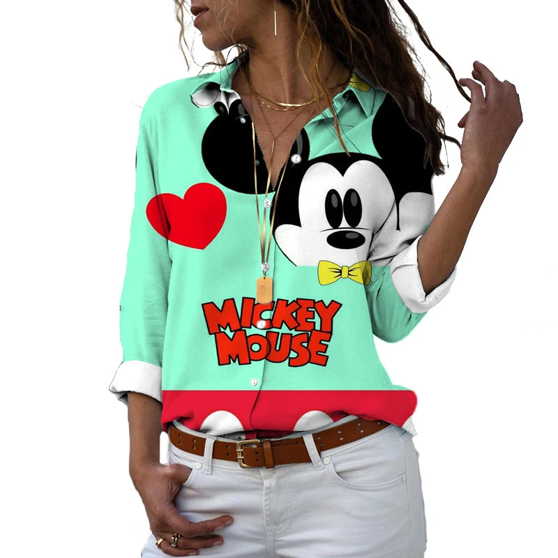 New 2024 Disney Harajuku Slim Fit 3D Print Women's Button Up Long