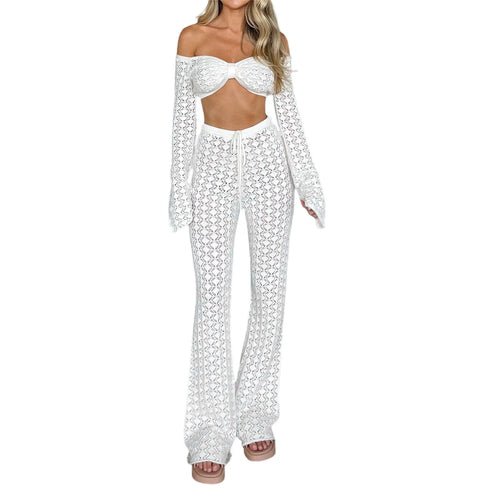 Wsevypo Hollow Out Crochet Knit Pants Sets Women Casual Two-Piece