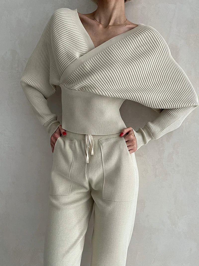 Sexy Off Shoulder Knitted Two Piece Set Women Long Sleeve Sport