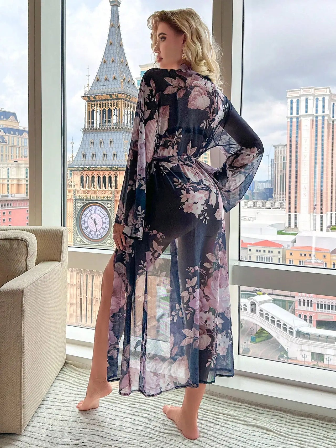 Summer Autumn Floral Print Women's Bathrobe Print Belted Bridesmaid