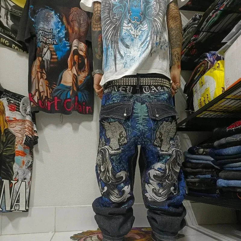 Y2K Street Fashion New Oversized Printed Loose Jeans Male Harajuku