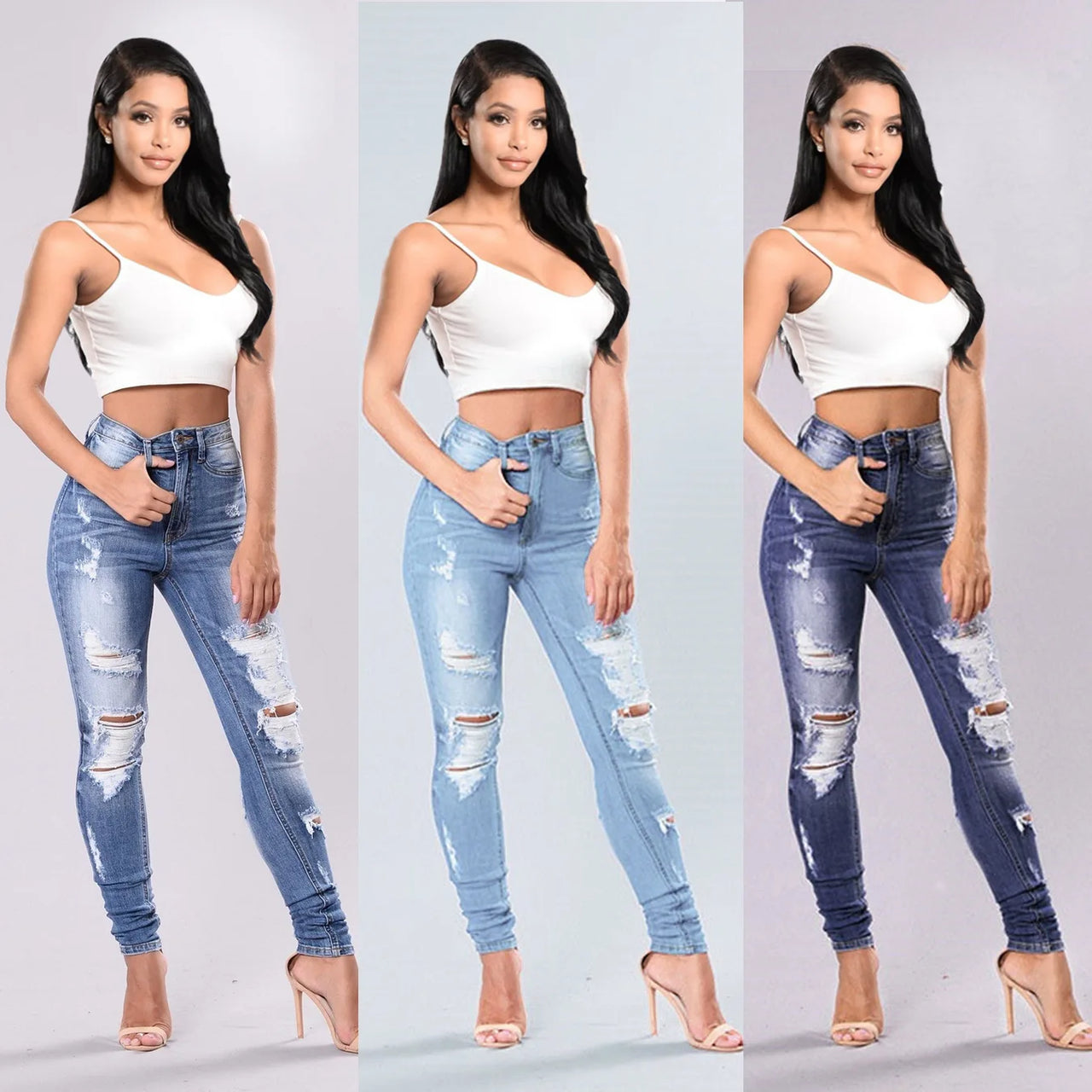 Echoine Spring Fashion Women Solid High Waist Skinny Pencil  Ripped