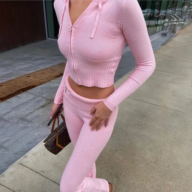 Knitted 2 Piece Sets Women Tracksuit Long Sleeve Zipper Hooded Sweater