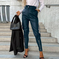 Thumbnail for Chic Fashion Button PU Leather Pants Women Spring Bottoming Zip-up