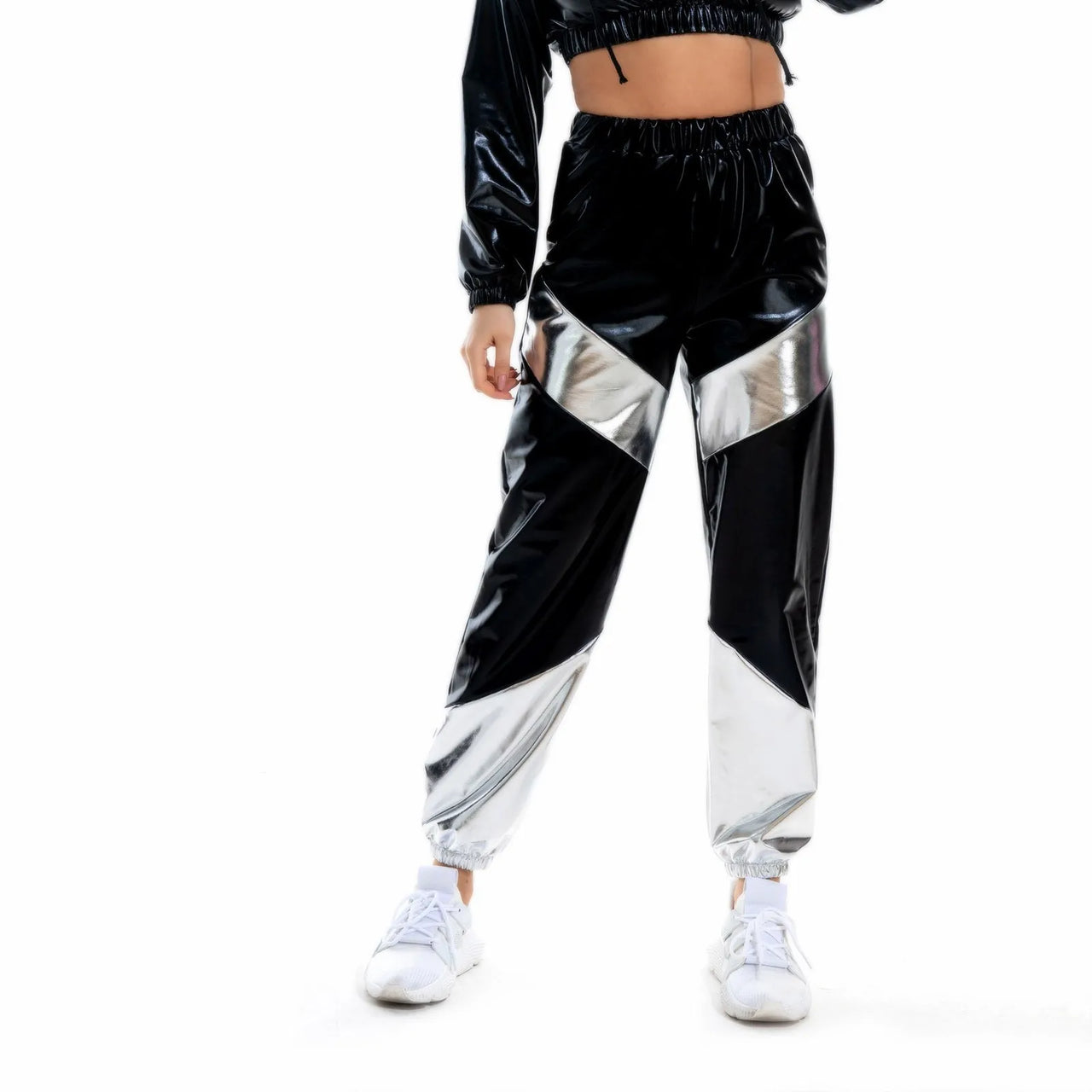 Women High Waist Metallic Shiny Jogger Streetwear Hip Hop Trousers