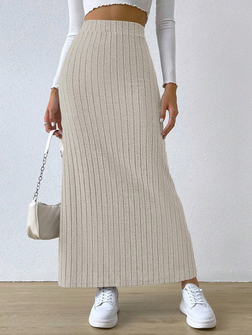 Spring Autumn Casual Women High Waist Skirt Sexy Knitted Side Slit