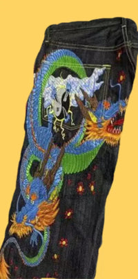 Thumbnail for Japanese hip-hop Brocade carp printed jeans same style couple washed