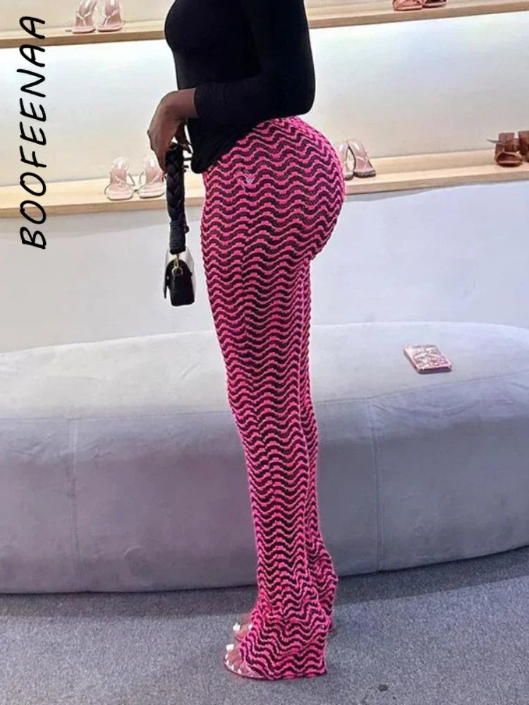 BOOFEENAA Black and White Wave Striped Knitted Pant for Woman Y2k