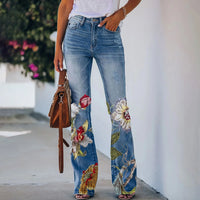 Thumbnail for New Floral Printed Loose Flared Pants for Women Jeans Stretch Harajuku