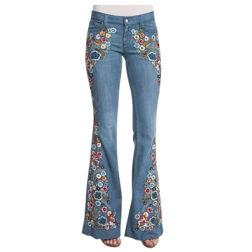 Size S-4XL Elastic Flower Embroidered Flare Jeans Womens Retro Style