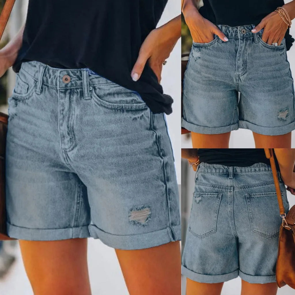 Women's Denim Shorts Summer Casual Denim High Waisted Folded Hem Jeans