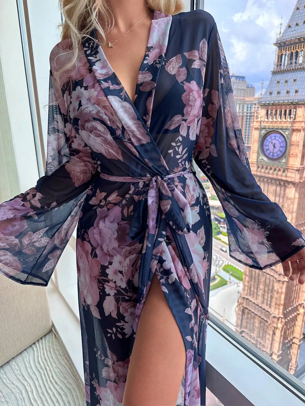 Summer Autumn Floral Print Women's Bathrobe Print Belted Bridesmaid