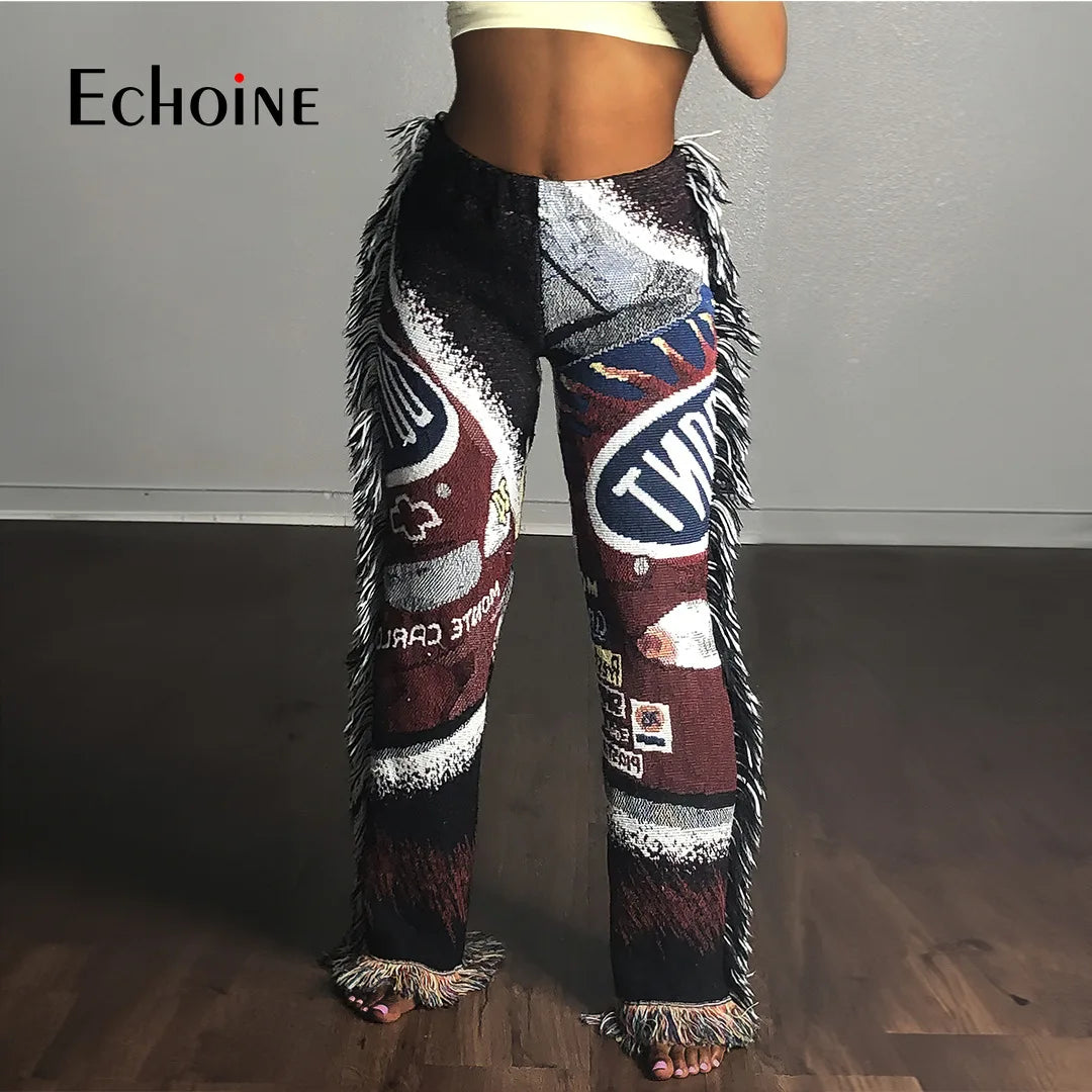 Echoine Women Print Side Tassel Autumn Pants High Waist Activewear