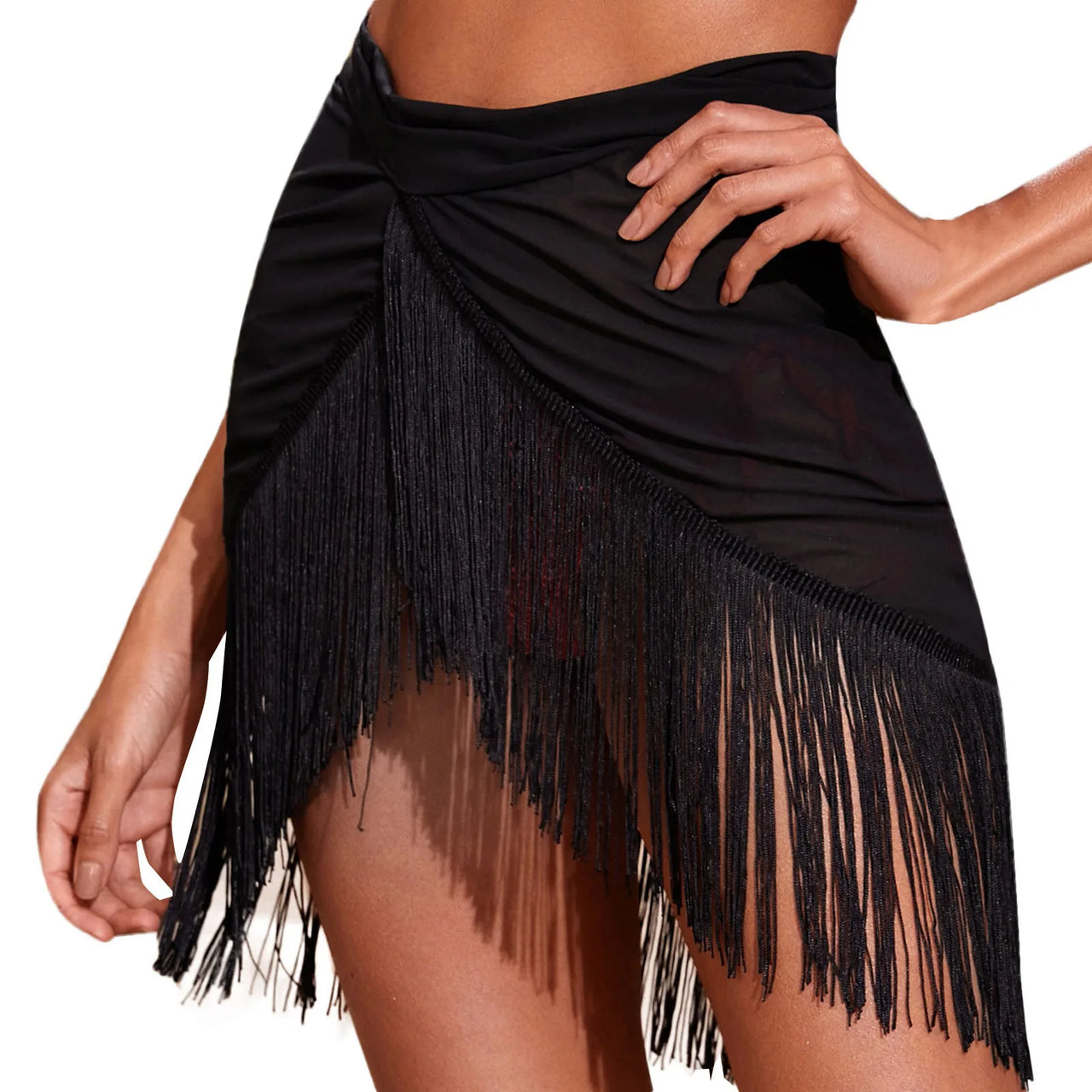 Women Beach Bikini Cover Up Lace Up Mesh Wrap Skirt Tassel Sarong