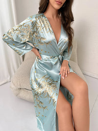 Thumbnail for Floral Print Night Robe  Elegant Long Sleeve V Neck Robe With Belt