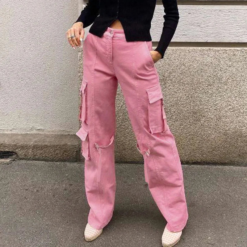 2024 Vintage Pink Cargo Pants Women Y2K Cargo Trousers Female