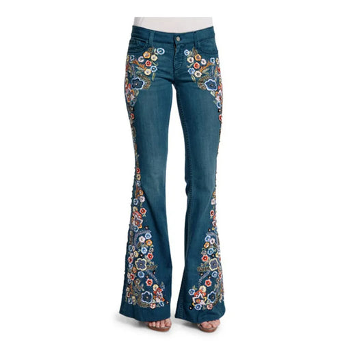 Stretch Embroidered Flared Jeans Women's Casual Fashion High Waist 90s