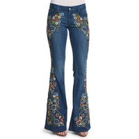 Thumbnail for Size S-4XL Elastic Flower Embroidered Flare Jeans Womens Retro Style