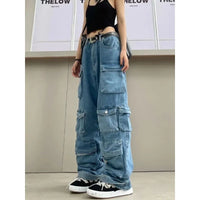 Thumbnail for Multi-Pocket Blue Washed Jeans Cargo Pants Y2k Retro Streetwear