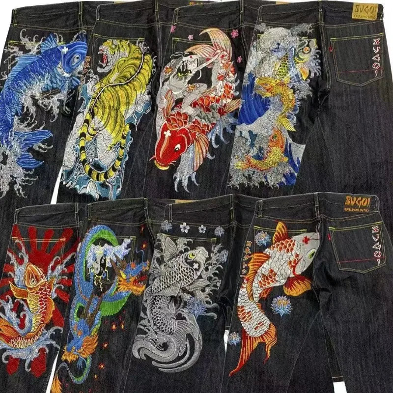 Japanese hip-hop Brocade carp printed jeans same style couple washed