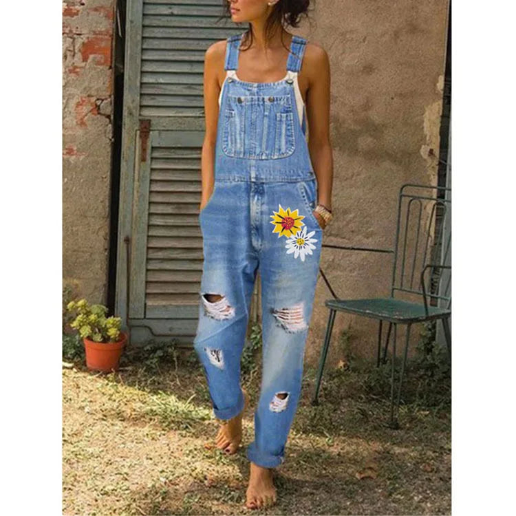 Fashion Women Denim Rompers for Streetwear Design Pockets Decor Ripped