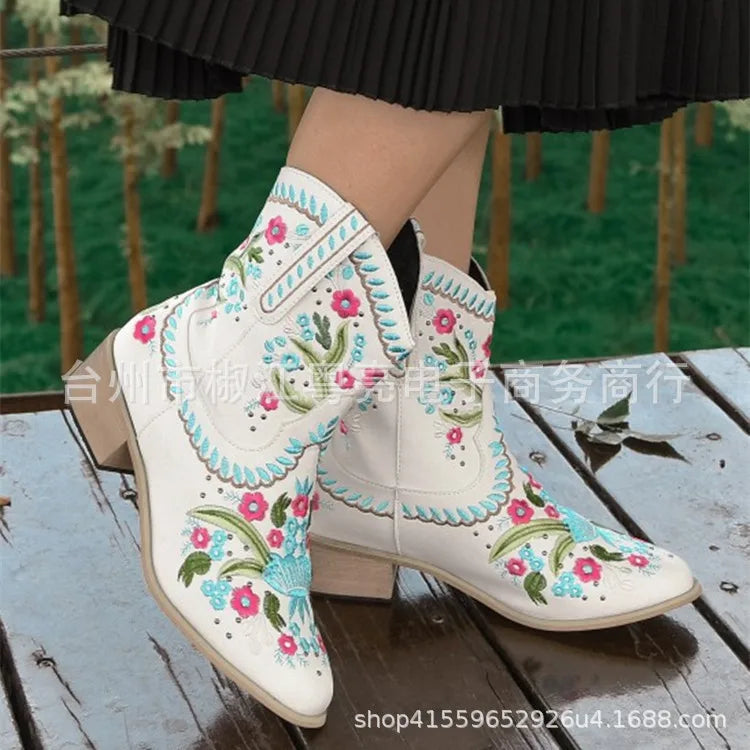 Flower Embriodery Cow Boy Boots for Women Ankle Shoes Thick Heel Short