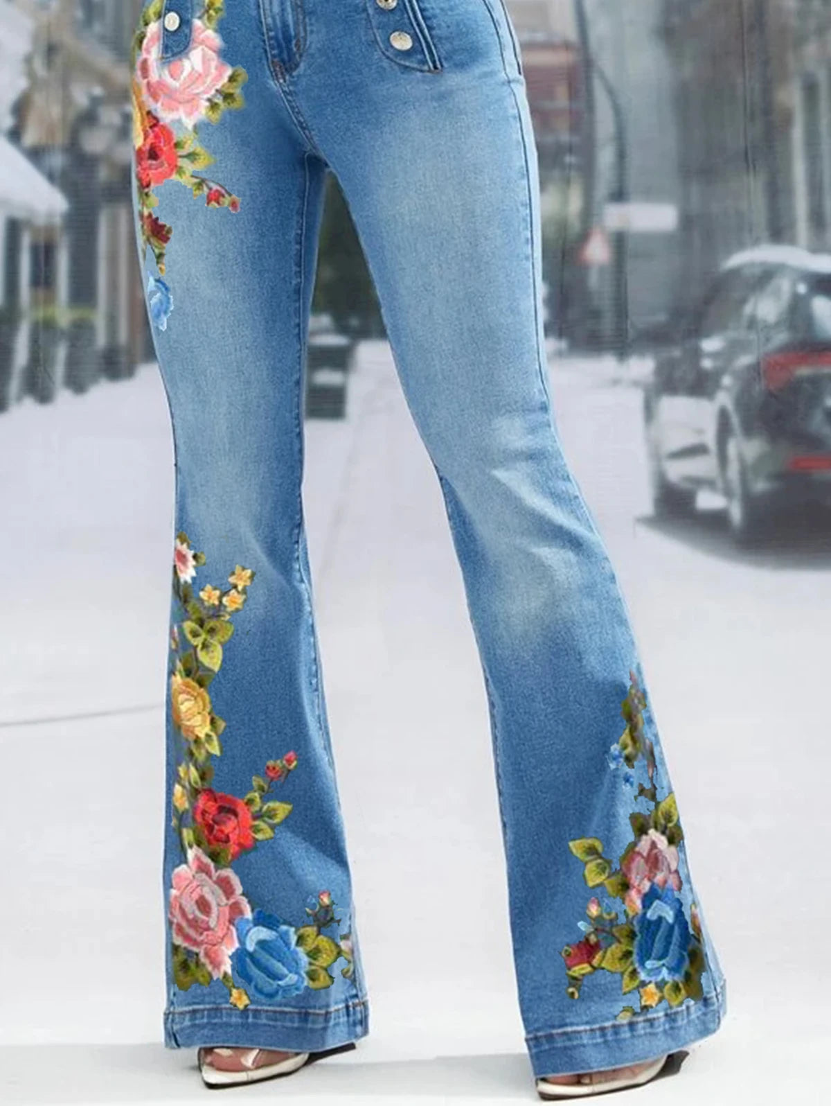 Plus Size Women Jeans Plain Button Decor Flare Leg Long Denim Pants