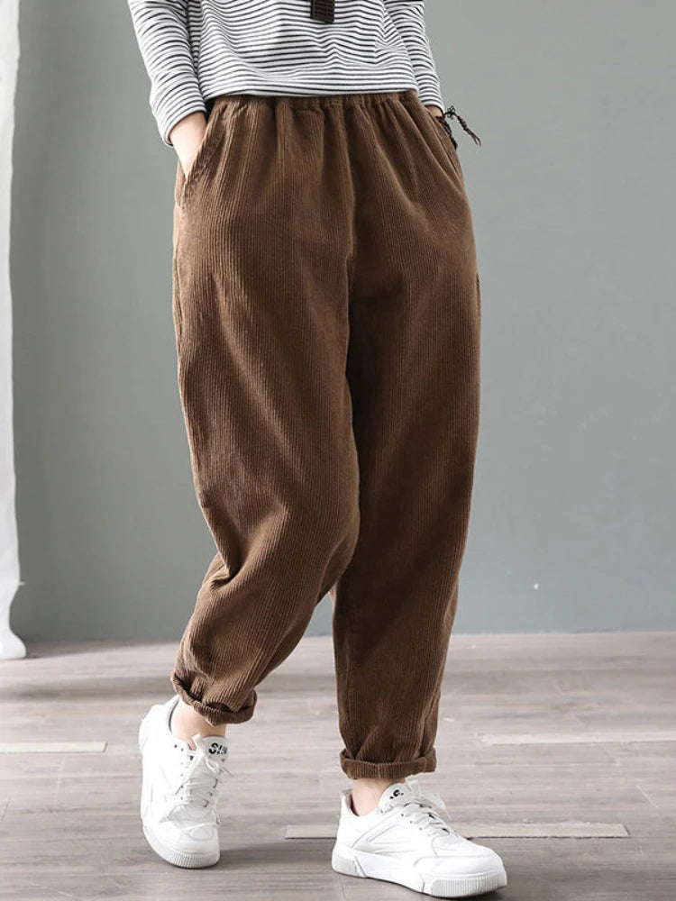 Velvet Warm Winter Pants for Women Elastic Waist Corduroy Harem Pant