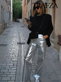 Thumbnail for TRAFZA Trousers For Women Autumn Fashion Elegant Silver Elastic Waist