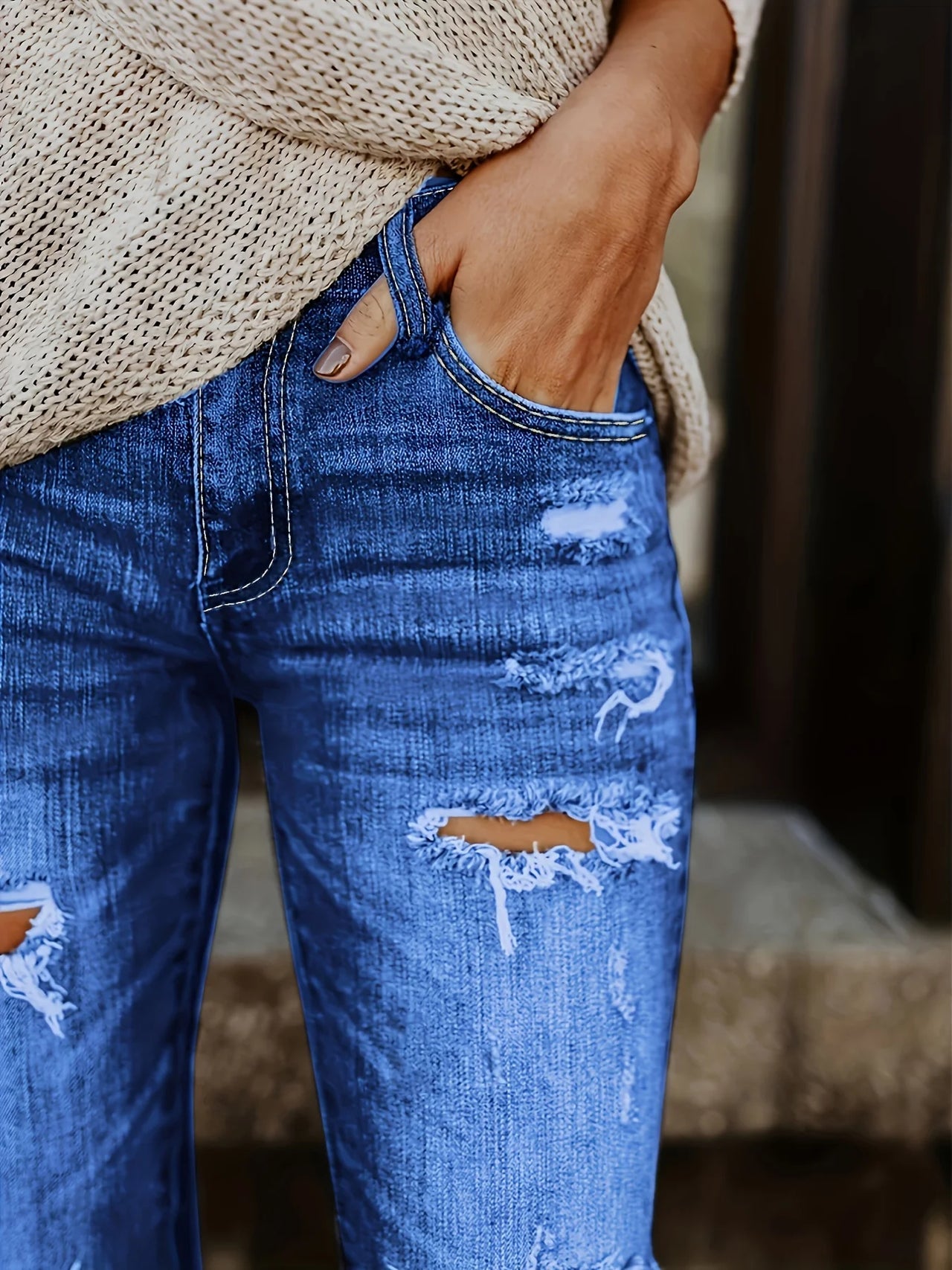 Blue Ripped Skinny Jeans, Distressed Slim Fit Slash Pockets Raw Hem