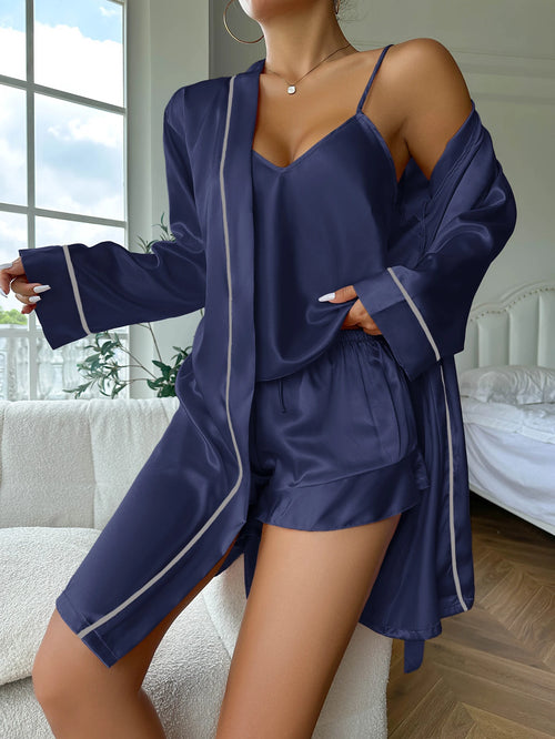 Simple Satin Pajama Set Long Sleeve Belted Robe  V Neck Cami Top And