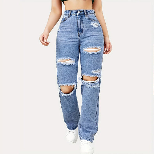 Blue Ripped Baggy Straight Jeans, Slash Pockets Distressed High Waist