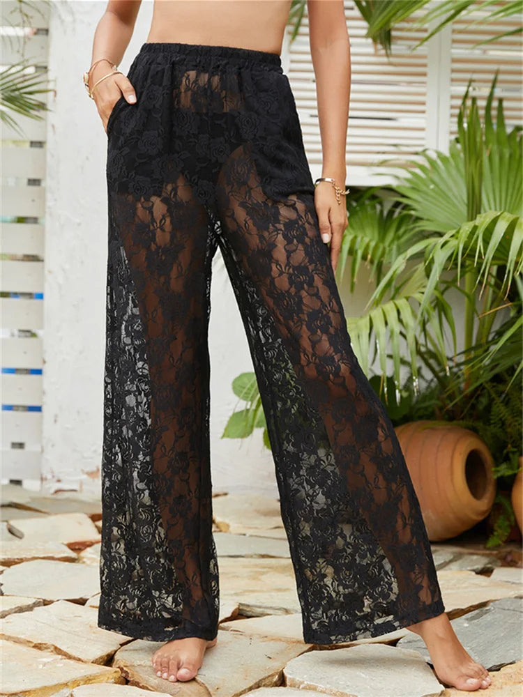 Women Fashion Beach Pants Lace Crochet Mesh See-through High Waist