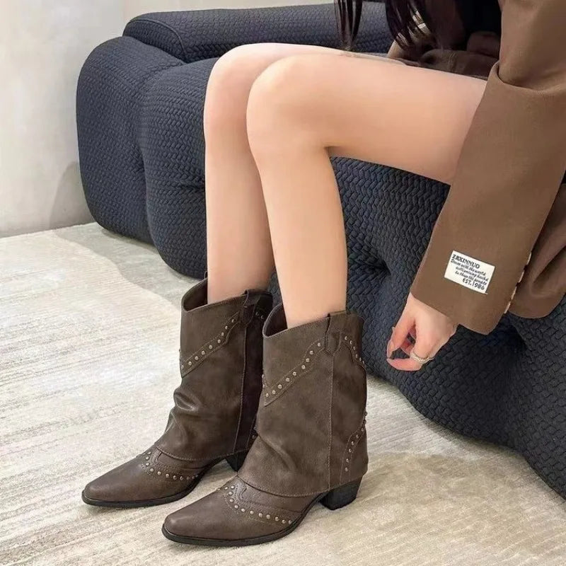 Woman Boots Shoes for Women 2023 Western Cowboy Thick Heels Retro New