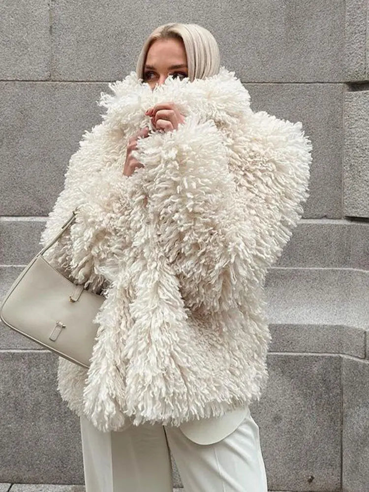 Women Fashion Warm Faux Fur Coat 2023 Winter Turn-down Collar Long