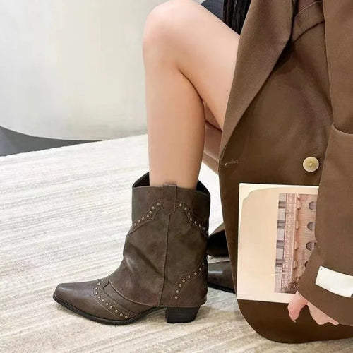 Woman Boots Shoes for Women 2023 Western Cowboy Thick Heels Retro New