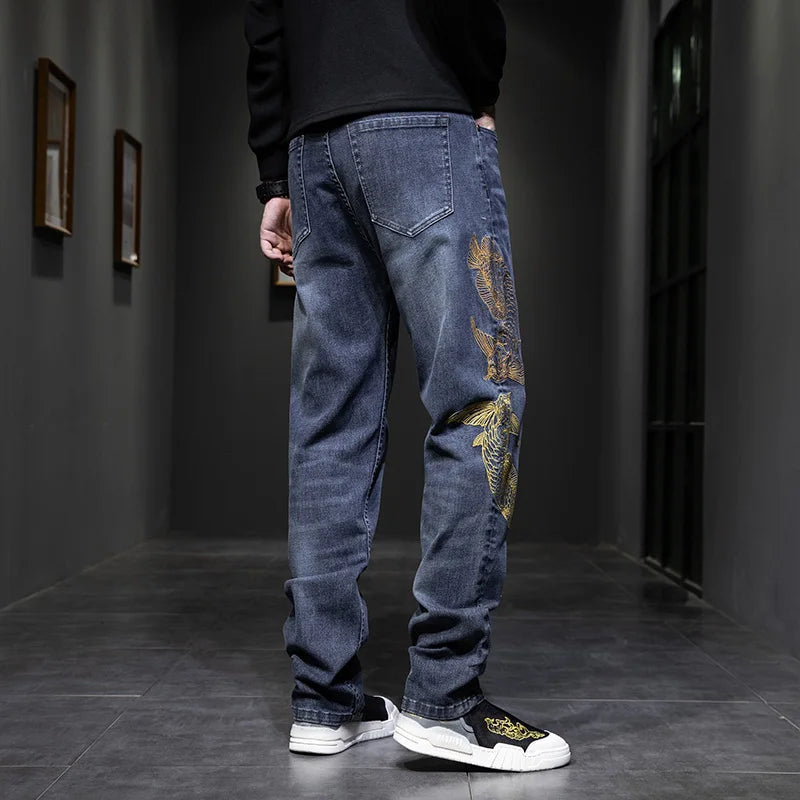 Elastic Embroidery Men's Baggy Loose Hot Rap Hip Hop Jeans Denim