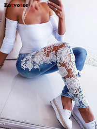 Thumbnail for Eotvotee Lace Spliced Hollow Out Blue Jeans for Women 2023 New Fashion